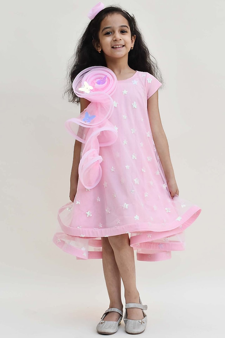 Baby Pink Embroidered Dress For Girls by Fayon Kids