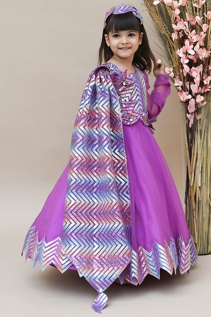 Purple Pink Embroidered Gown For Girls by Fayon Kids