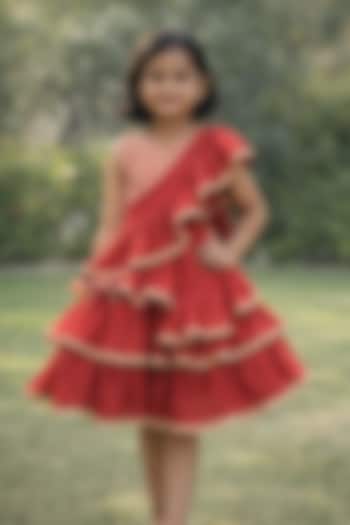 Red Embroidered Ruffled Lehenga Saree For Girls by Fayon Kids at Pernia's Pop Up Shop