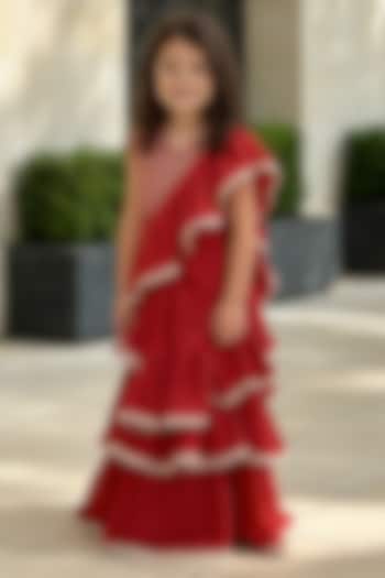 Red Embroidered Ruffled Lehenga Saree For Girls by Fayon Kids at Pernia's Pop Up Shop