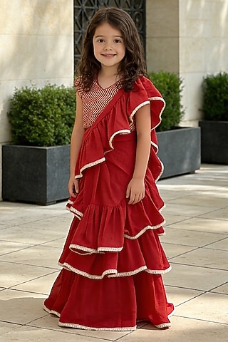 Red Embroidered Ruffled Lehenga&nbsp;Saree&nbsp;For&nbsp;Girls by Fayon Kids