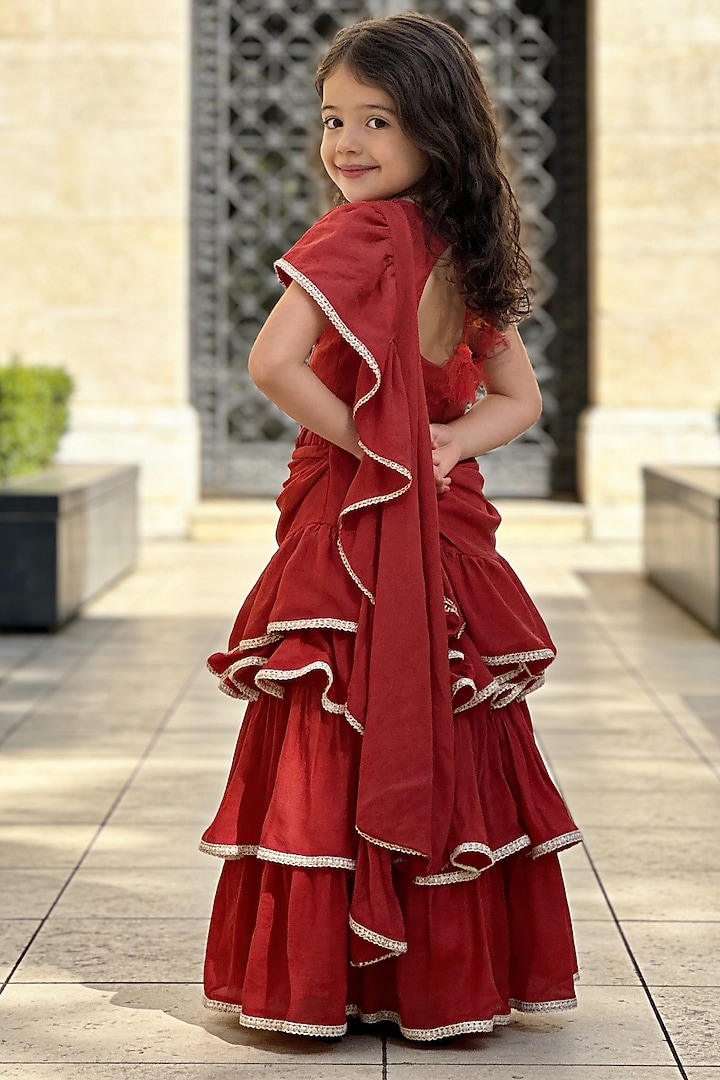 Red Embroidered Ruffled Lehenga Saree For Girls by Fayon Kids at Pernia's Pop Up Shop