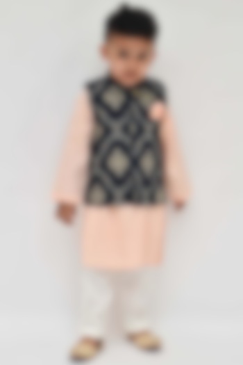 Peach Kurta Set With Multi-Colored Nehru Jacket For Boys by Fayon Kids at Pernia's Pop Up Shop