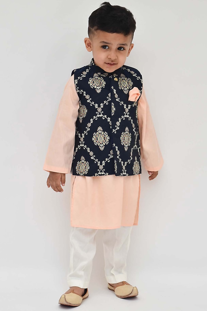 Peach Kurta Set With Multi-Colored Nehru Jacket For Boys by Fayon Kids