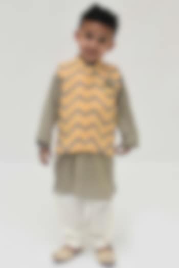 Beige Kurta Set With Honey Yellow Nehru Jacket For Boys by Fayon Kids