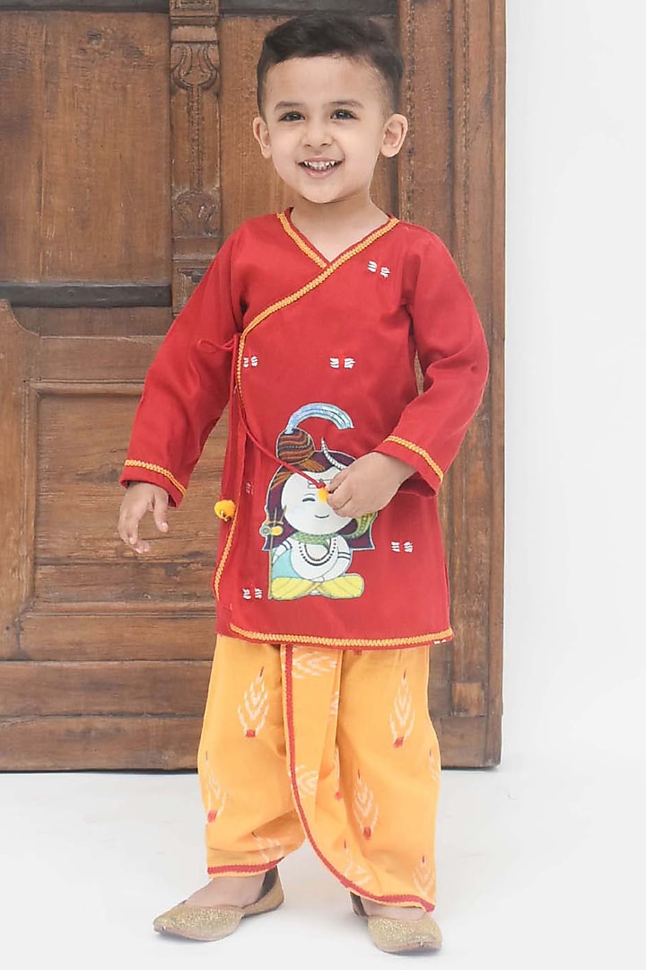 Fiery Red Graphic Printed Kurta Set For Boys by Fayon Kids