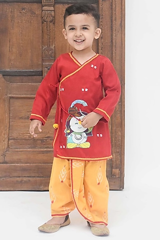 Fiery Red Cotton Silk Graphic Printed Kurta Set For Boys by Fayon Kids