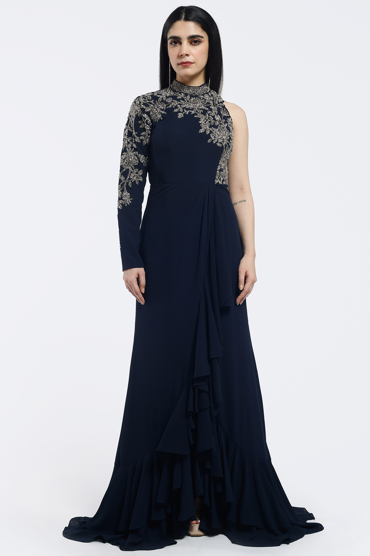 Blue Georgette Sequins Embellished Ruffled Party Wear Gown by Onaya at Pernia's Pop Up Shop