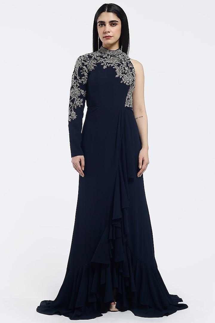 Blue Georgette Sequins Embellished Ruffled Gown by Onaya at Pernia's Pop Up Shop