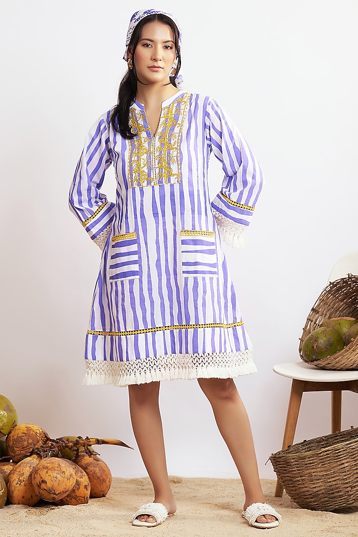 Blue & White Cotton Striped A-Line Mini Dress by GAACH at Pernia's Pop Up Shop