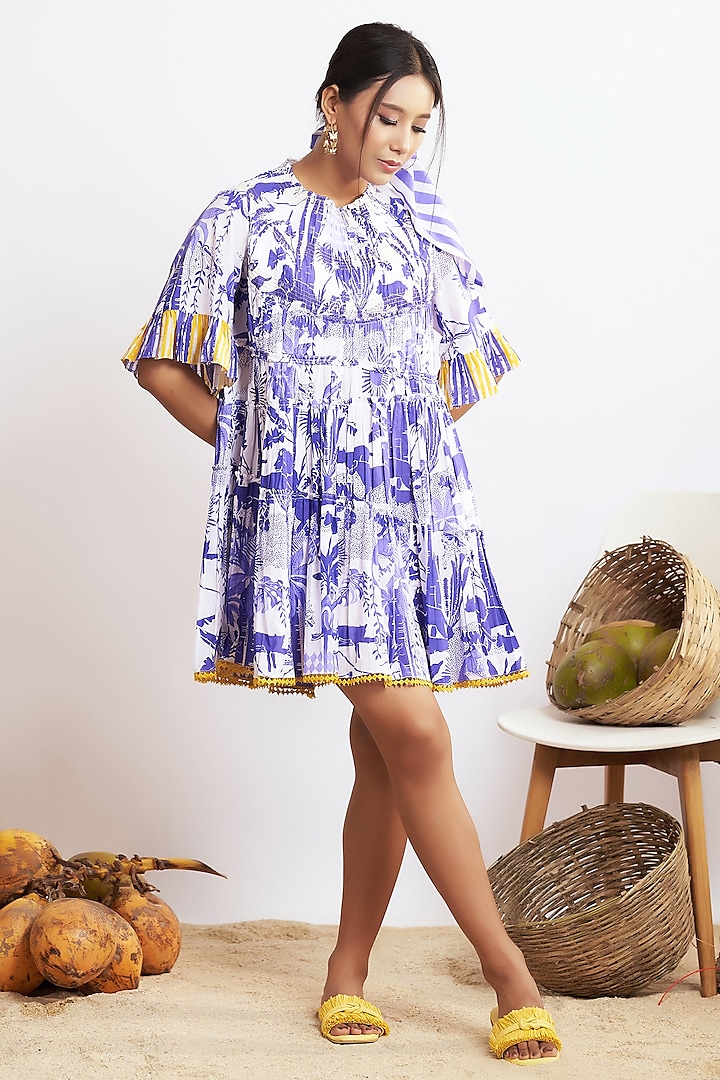 Blue & White Cotton Jungle Printed High-Low Mini Tiered Dress by GAACH