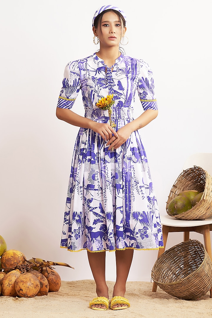 Blue & White Cotton Jungle Printed Midi Dress by GAACH at Pernia's Pop Up Shop