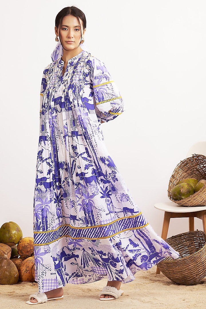 Blue & White Cotton Jungle Printed Flared Maxi Dress by GAACH at Pernia's Pop Up Shop