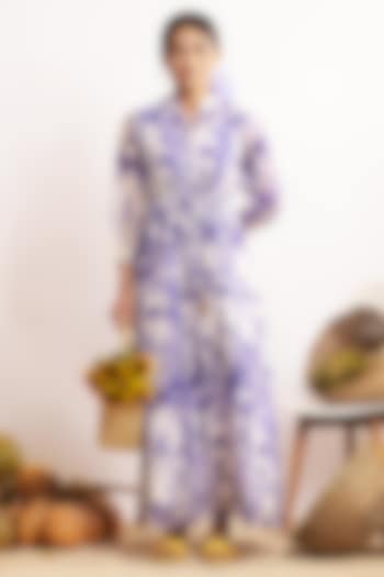Blue & White Chanderi Silk Jungle Printed Gathered Maxi Dress by GAACH