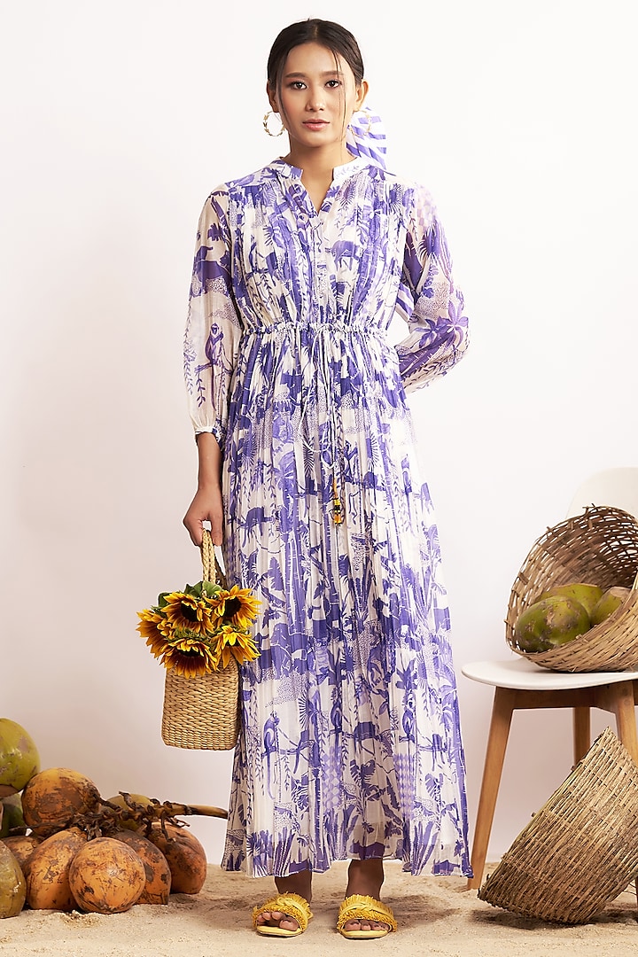 Blue & White Chanderi Silk Jungle Printed Gathered Maxi Dress by GAACH