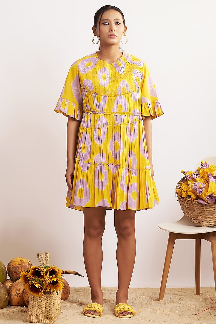 Mustard & Lilac Cotton Bandhani High-Low Mini Dress by GAACH