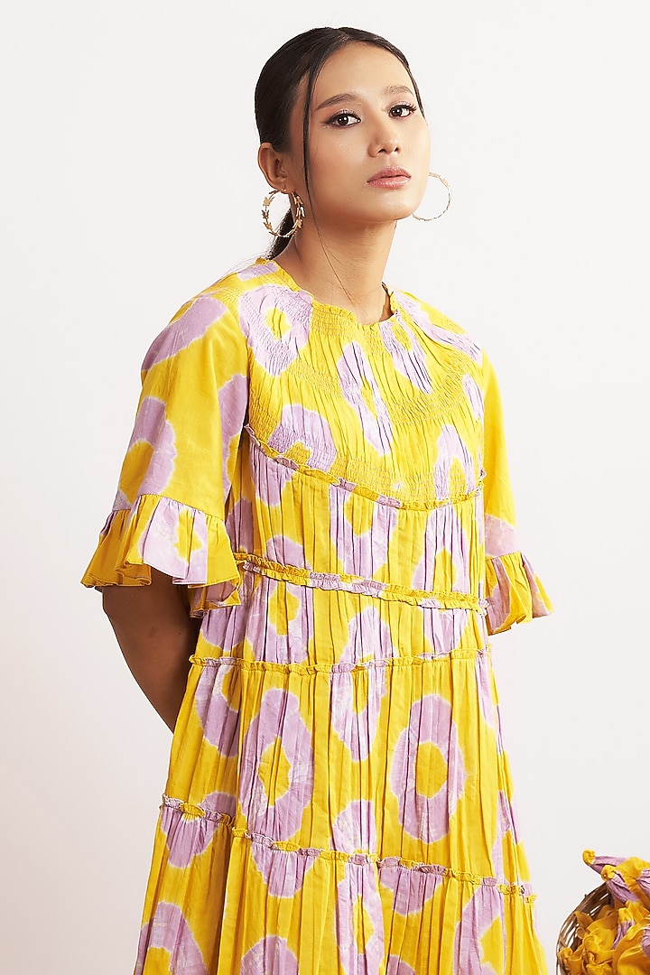 Mustard & Lilac Cotton Bandhani High-Low Mini Summer Dress by GAACH at Pernia's Pop Up Shop