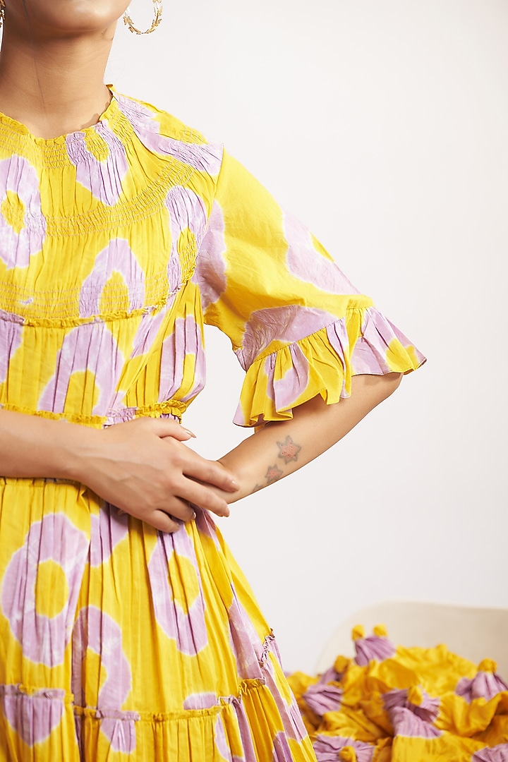 Mustard & Lilac Cotton Bandhani High-Low Mini Summer Dress by GAACH at Pernia's Pop Up Shop