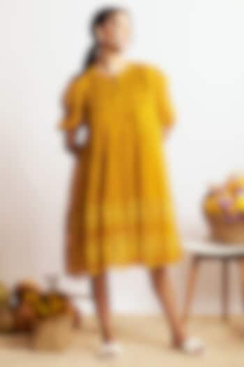 Mustard Chanderi Silk Flared Knee-Length Dress by GAACH