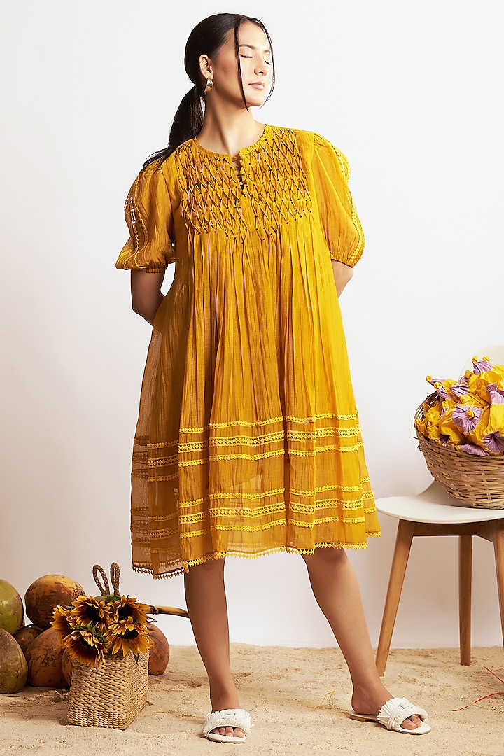 Mustard Chanderi Silk Flared Knee-Length Dress by GAACH at Pernia's Pop Up Shop