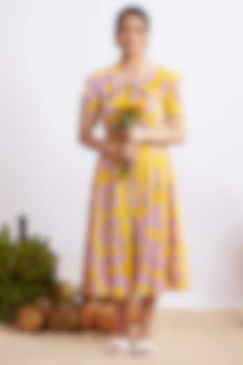 Mustard & Lilac Cotton Bandhani Knee-Length Dress by GAACH