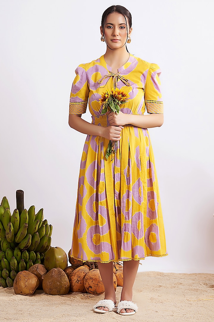 Mustard & Lilac Cotton Bandhani Knee-Length Dress by GAACH