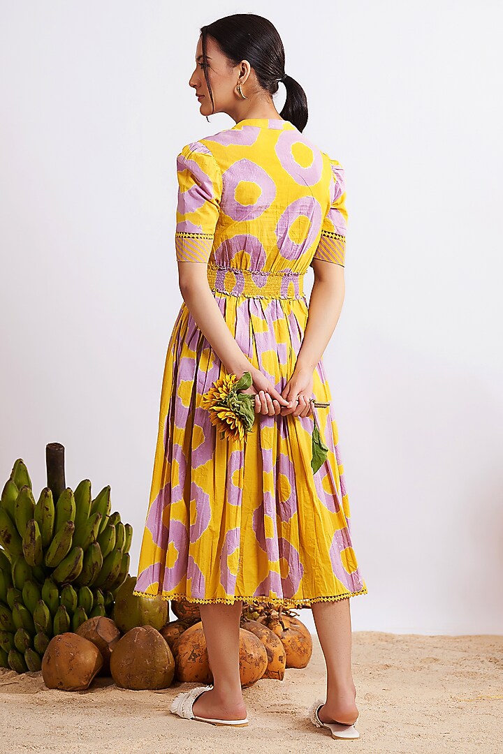 Mustard & Lilac Cotton Bandhani Knee-Length Summer Dress by GAACH at Pernia's Pop Up Shop