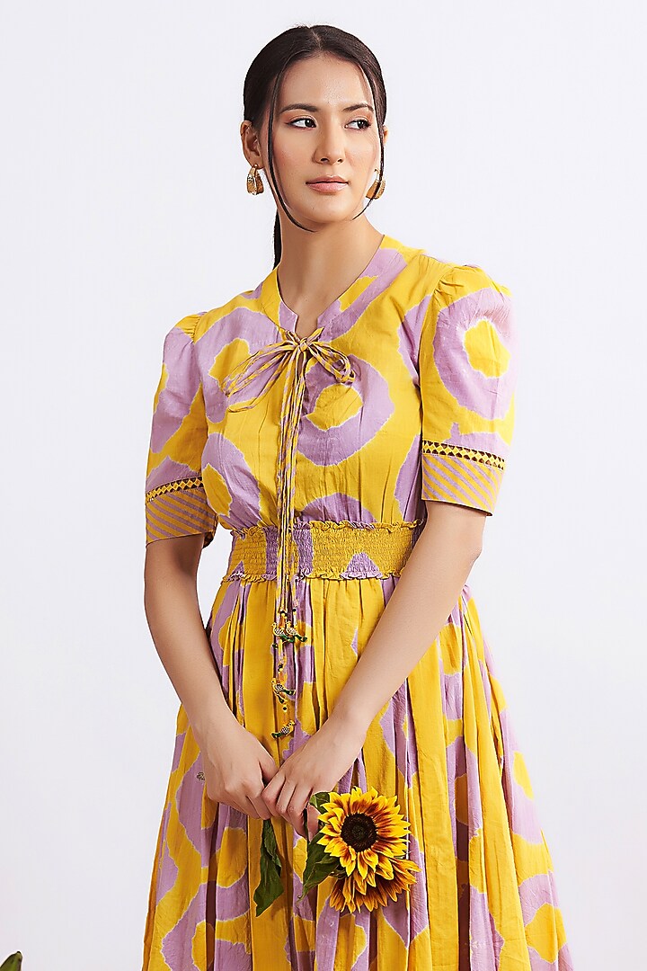 Mustard & Lilac Cotton Bandhani Knee-Length Summer Dress by GAACH at Pernia's Pop Up Shop