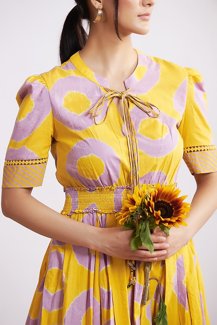 Mustard & Lilac Cotton Bandhani Knee-Length Summer Dress by GAACH at Pernia's Pop Up Shop