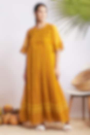 Mustard Chanderi Silk Flared Maxi Dress by GAACH at Pernia's Pop Up Shop