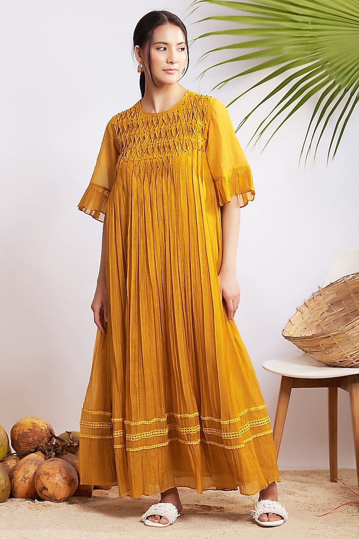 Mustard Chanderi Silk Flared Maxi Dress by GAACH at Pernia's Pop Up Shop