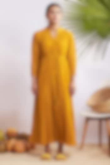 Mustard Chanderi Silk Gathered Maxi Dress by GAACH
