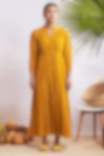 Mustard Chanderi Silk Gathered Maxi Dress by GAACH at Pernia's Pop Up Shop