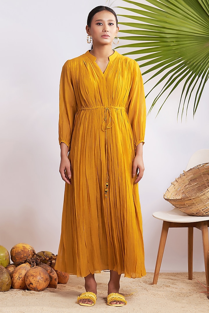 Mustard Chanderi Silk Gathered Maxi Dress by GAACH at Pernia's Pop Up Shop