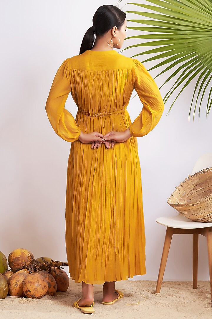 Mustard Chanderi Silk Gathered Maxi Summer Dress by GAACH at Pernia's Pop Up Shop