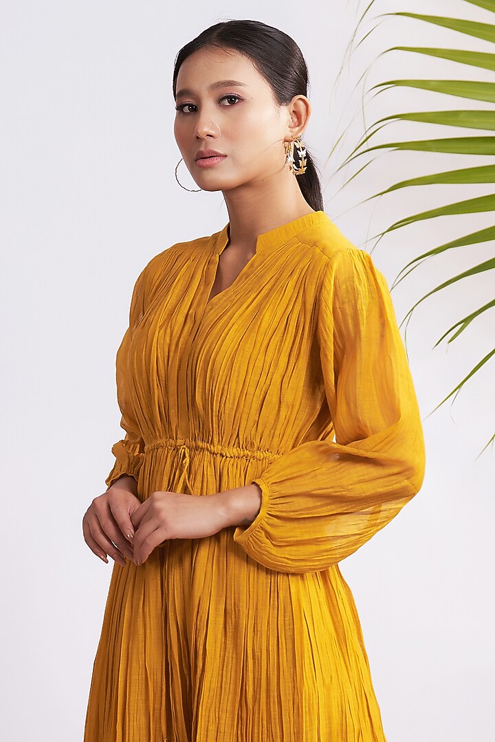 Mustard Chanderi Silk Gathered Maxi Summer Dress by GAACH at Pernia's Pop Up Shop