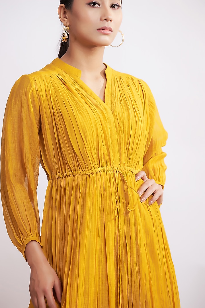 Mustard Chanderi Silk Gathered Maxi Summer Dress by GAACH at Pernia's Pop Up Shop