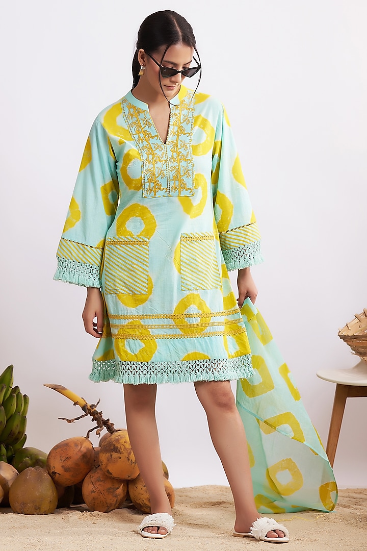 Blue & Yellow Cotton Tie-Dye A-Line Mini Dress by GAACH at Pernia's Pop Up Shop