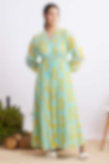 Blue & Yellow Chanderi Silk Tie-Dye Gathered Maxi Dress by GAACH at Pernia's Pop Up Shop