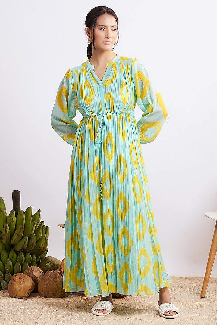 Blue & Yellow Chanderi Silk Tie-Dye Gathered Maxi Dress by GAACH at Pernia's Pop Up Shop