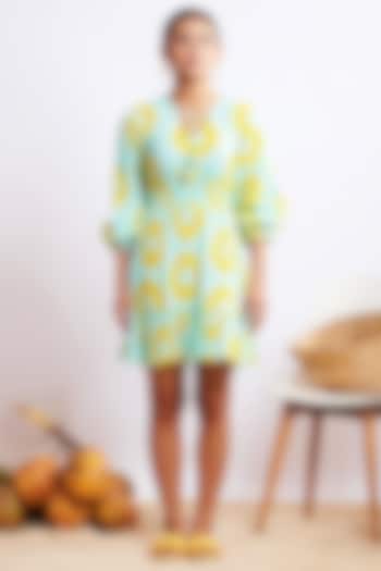 Blue & Yellow Cotton Bandhani Tiered Mini Dress by GAACH