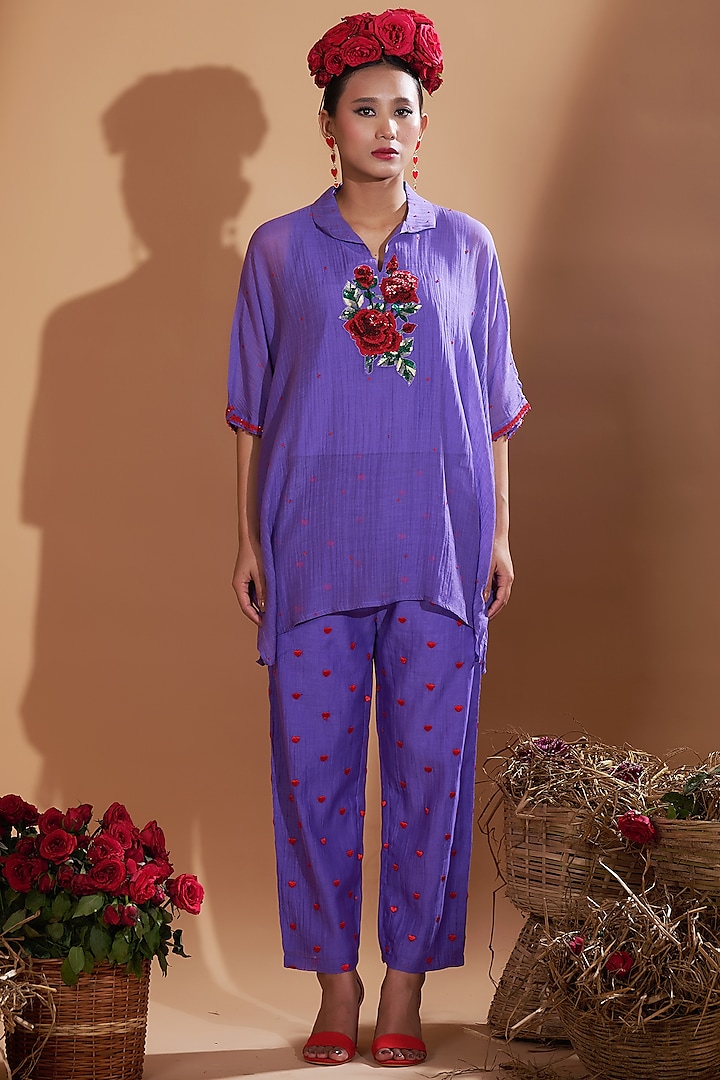 Lilac Blue Chanderi Silk Sequins Hand Embroidered Kaftan Set by GAACH at Pernia's Pop Up Shop