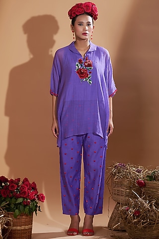 Lilac Blue Chanderi Silk Sequins Hand Embroidered Kaftan Set by GAACH