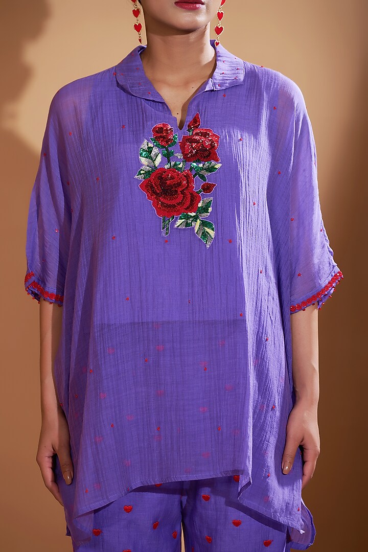 Lilac Blue Chanderi Silk Sequins Hand Embroidered Kaftan Set by GAACH at Pernia's Pop Up Shop
