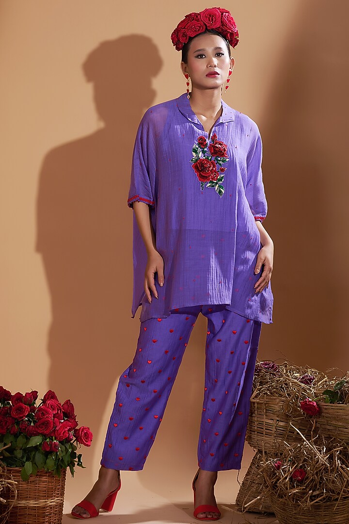 Lilac Blue Chanderi Silk Sequins Hand Embroidered Kaftan Set by GAACH at Pernia's Pop Up Shop