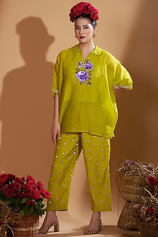 Green Chanderi Silk Sequins Hand Embroidered Kaftan Set by GAACH