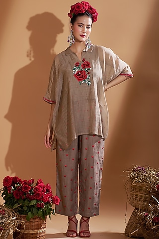Beige Chanderi Silk Sequins Hand Embroidered Kaftan Set by GAACH