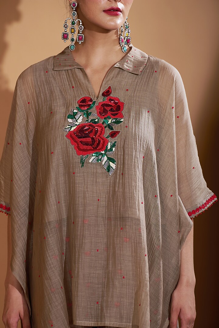 Beige Chanderi Silk Sequins Hand Embroidered Kaftan Set by GAACH at Pernia's Pop Up Shop