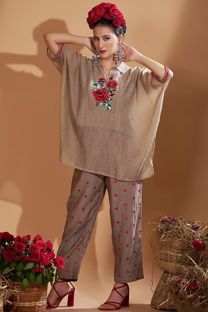 Beige Chanderi Silk Sequins Hand Embroidered Kaftan Set by GAACH at Pernia's Pop Up Shop