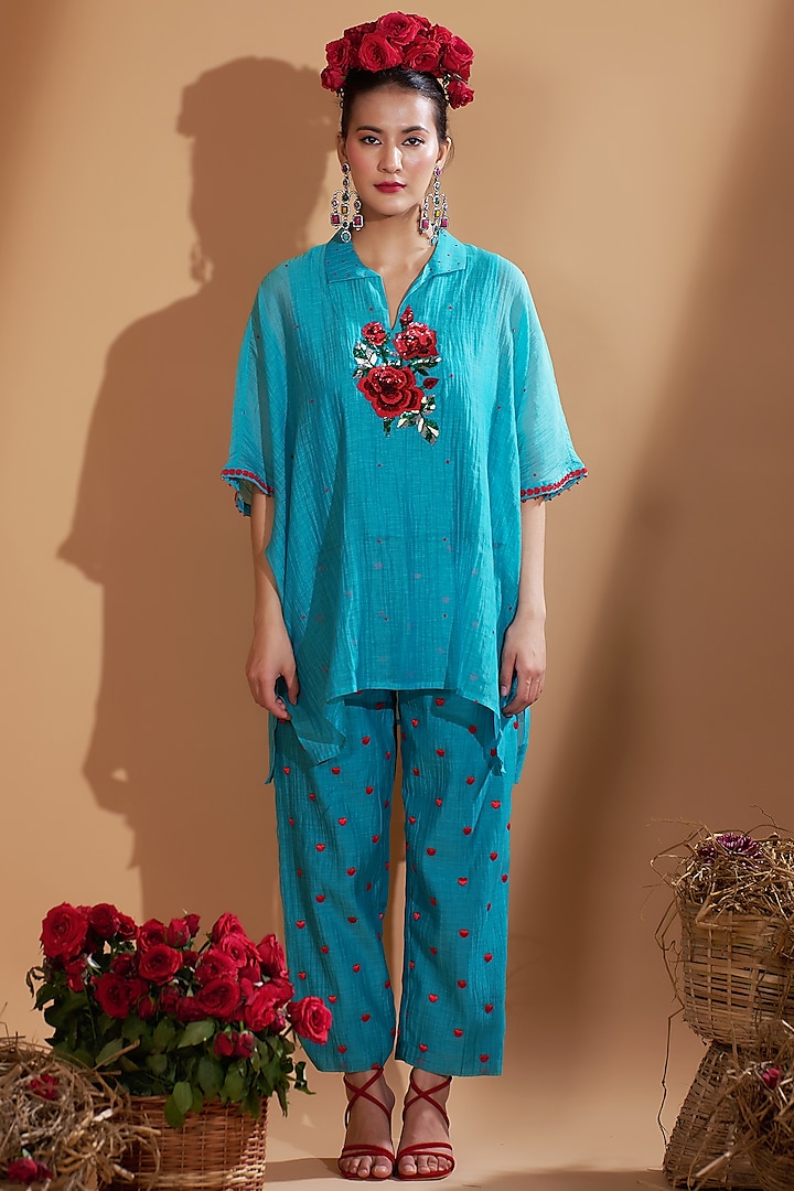 Turquoise Blue Chanderi Silk Sequins Hand Embroidered Kaftan Set by GAACH at Pernia's Pop Up Shop